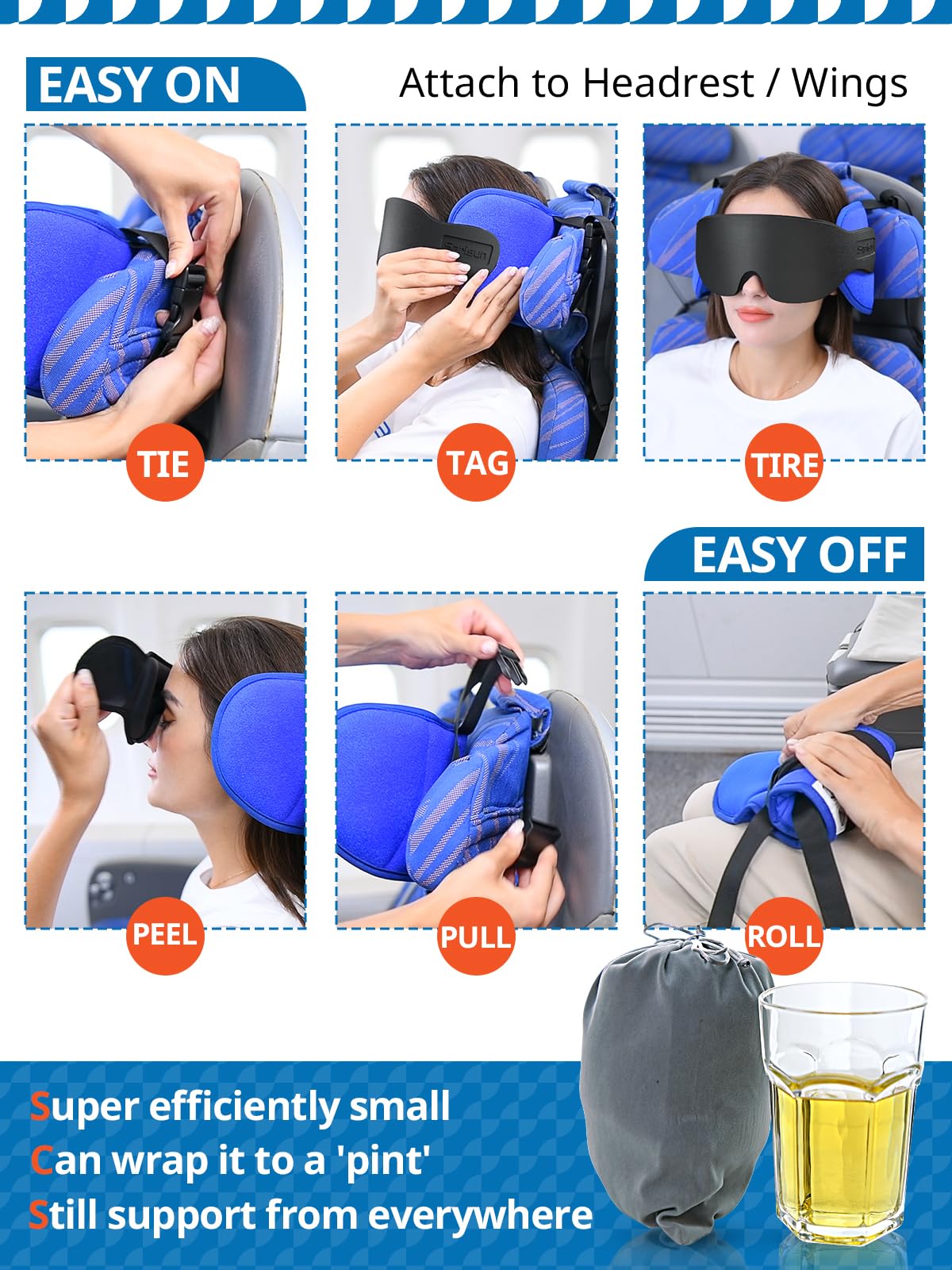 SARISUN compact travel pillow shown fitting in a carry bag