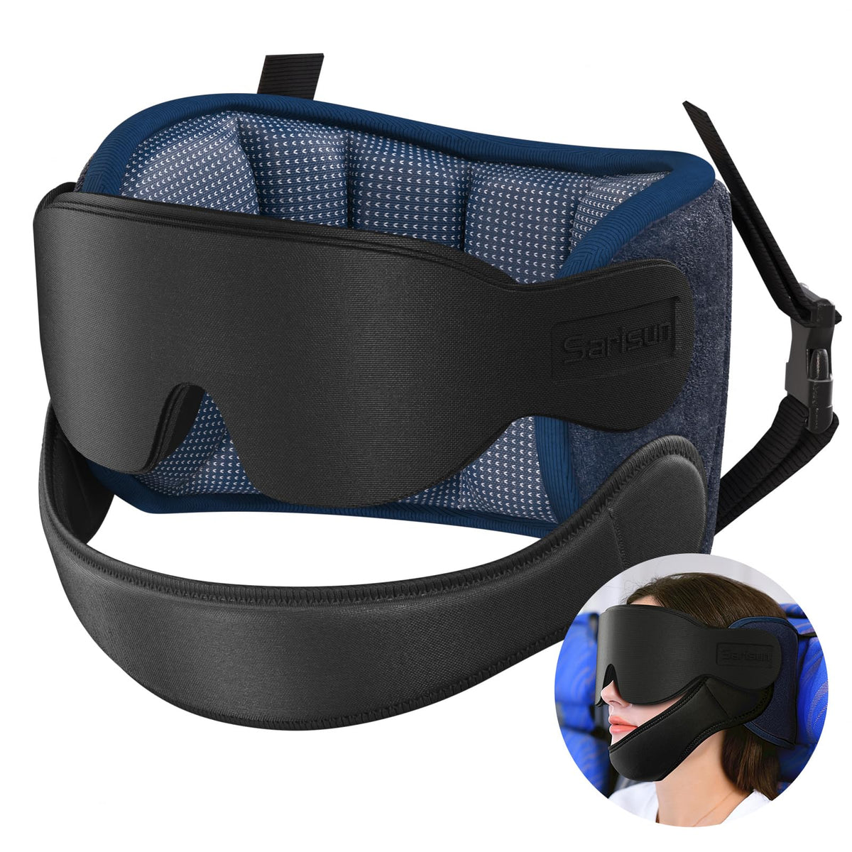 SARISUN travel pillow with eye mask for restful plane sleep and neck support.