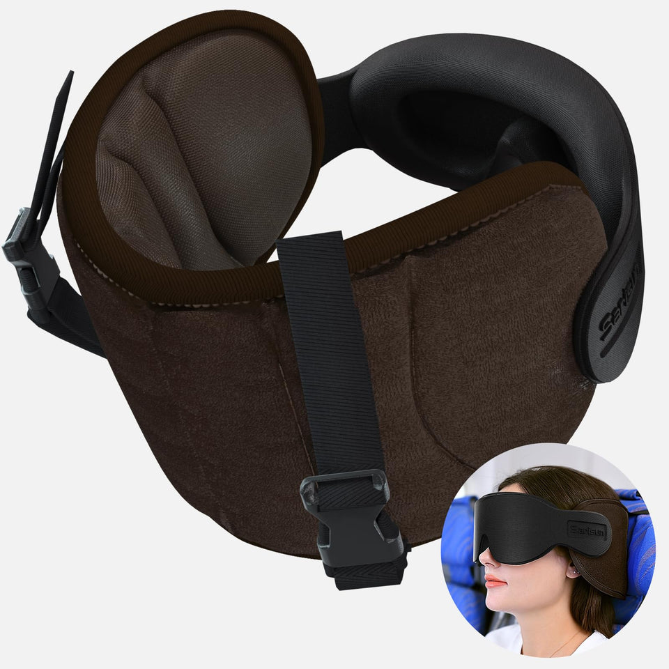 SARISUN travel pillow with integrated eye mask for restful flight comfort