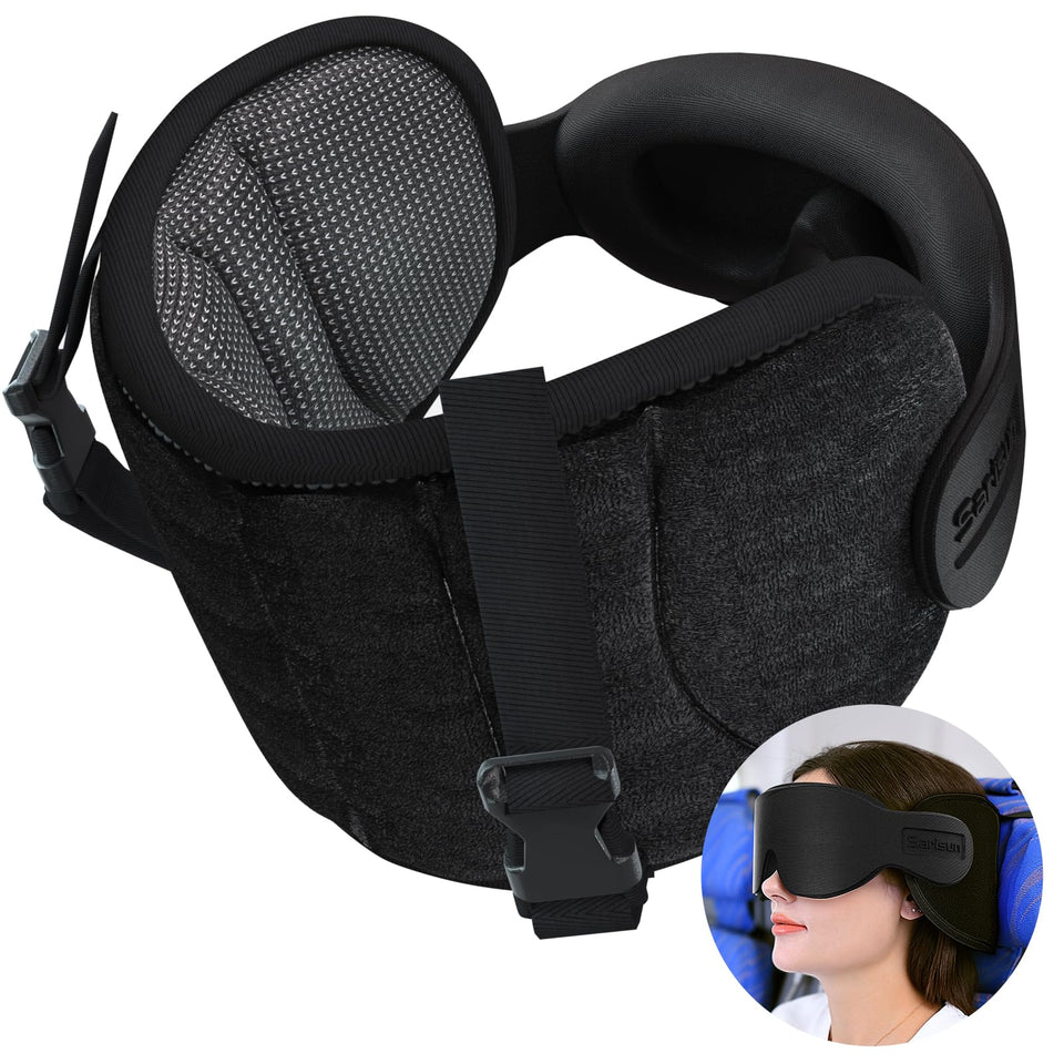 SARISUN travel pillow attached to headrest for stable support on the go