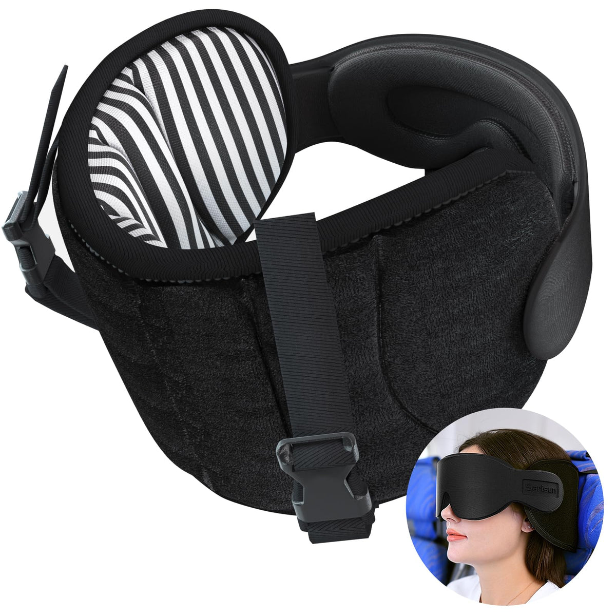 SARISUN travel pillow headrest in stripe black for long flights