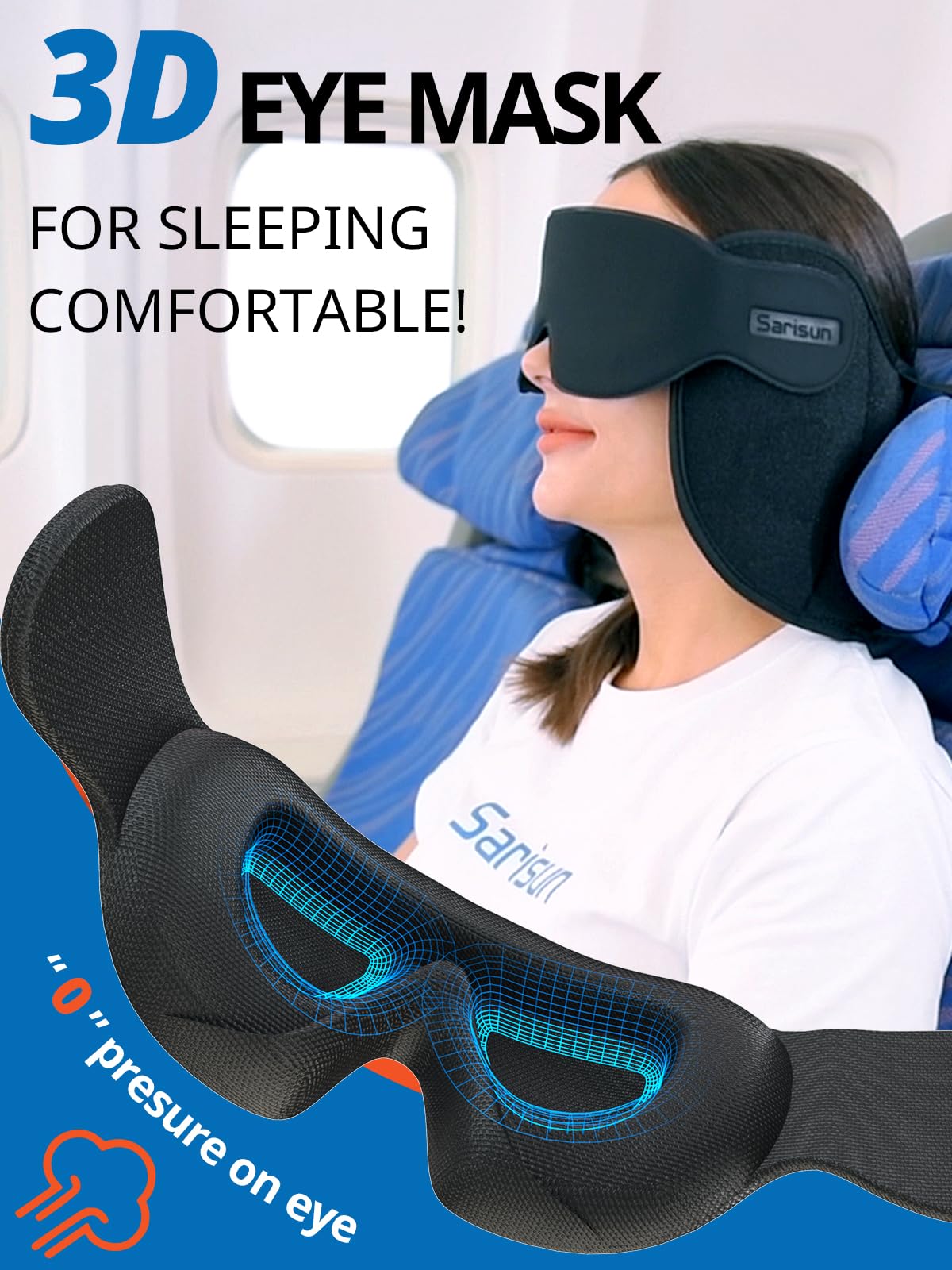 SARISUN soft 3D eye mask blocks light without pressure for restful travel.