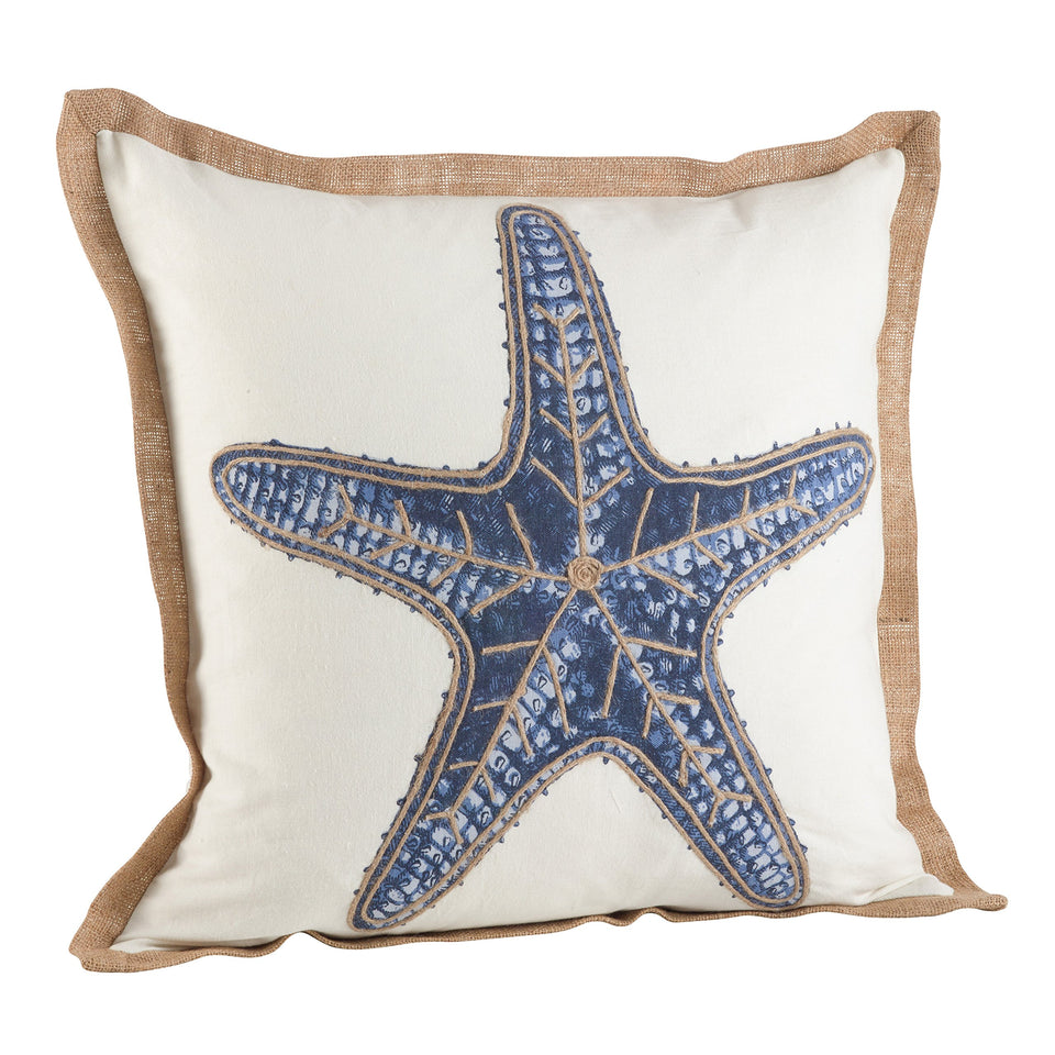 SARO LIFESTYLE Neptunian coastal pillow front view with navy motif for living room charm