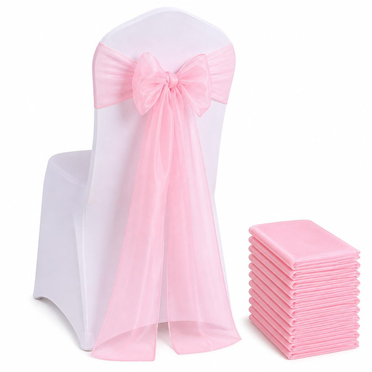 SARVAM FASHION organza chair bow sash on chair with baby pink shimmer for weddings