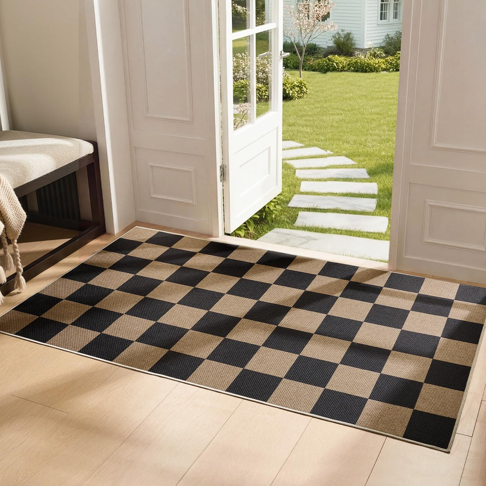 Sasttie checkered jute-look entryway rug front view showing dirt-hiding pattern for high-traffic areas
