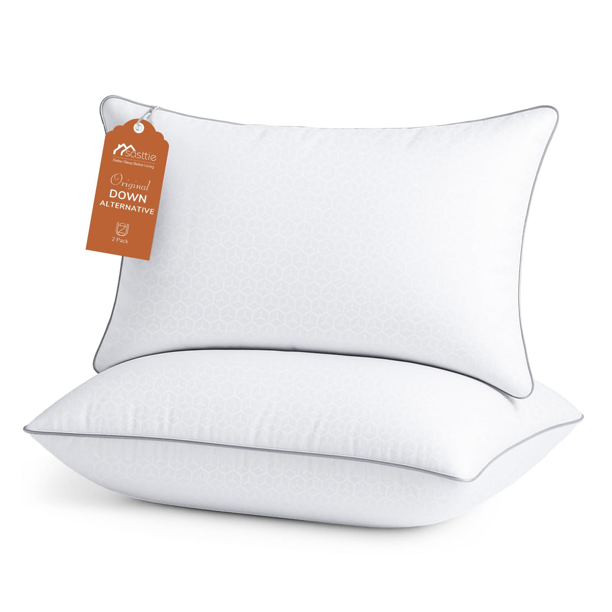 Sasttie firm standard pillow with embossed pattern elevates hotel-style bedroom aesthetics.