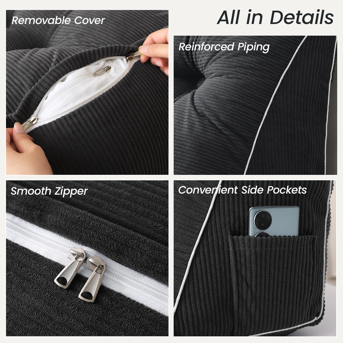 Sasttie headboard pillow full closeup zipper for easy cleaning.