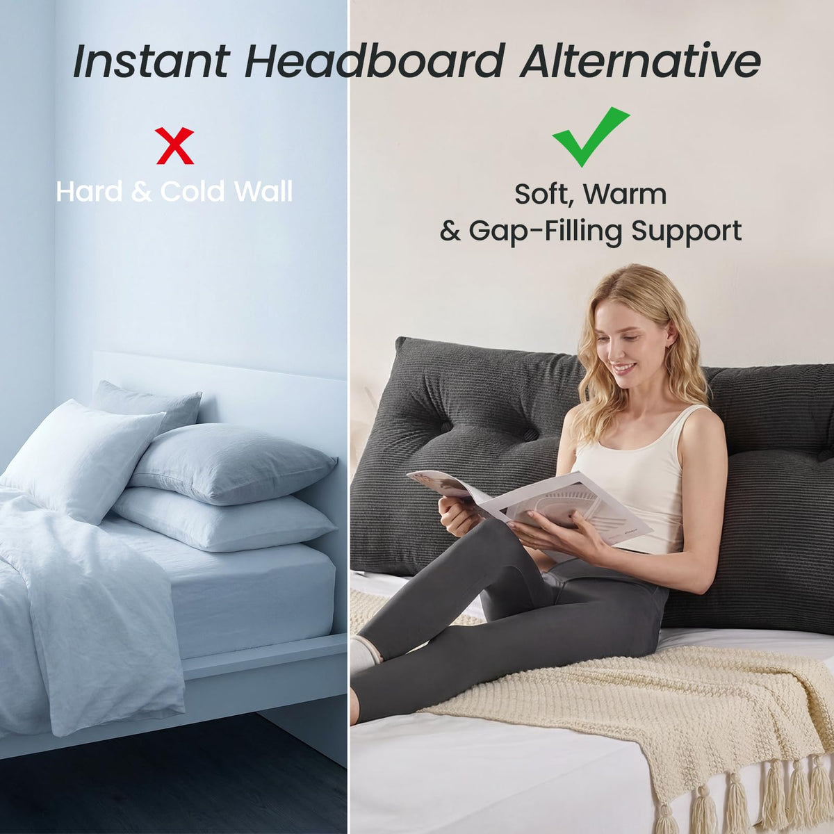 Sasttie headboard pillow full, side view highlighting wedge shape and back support.
