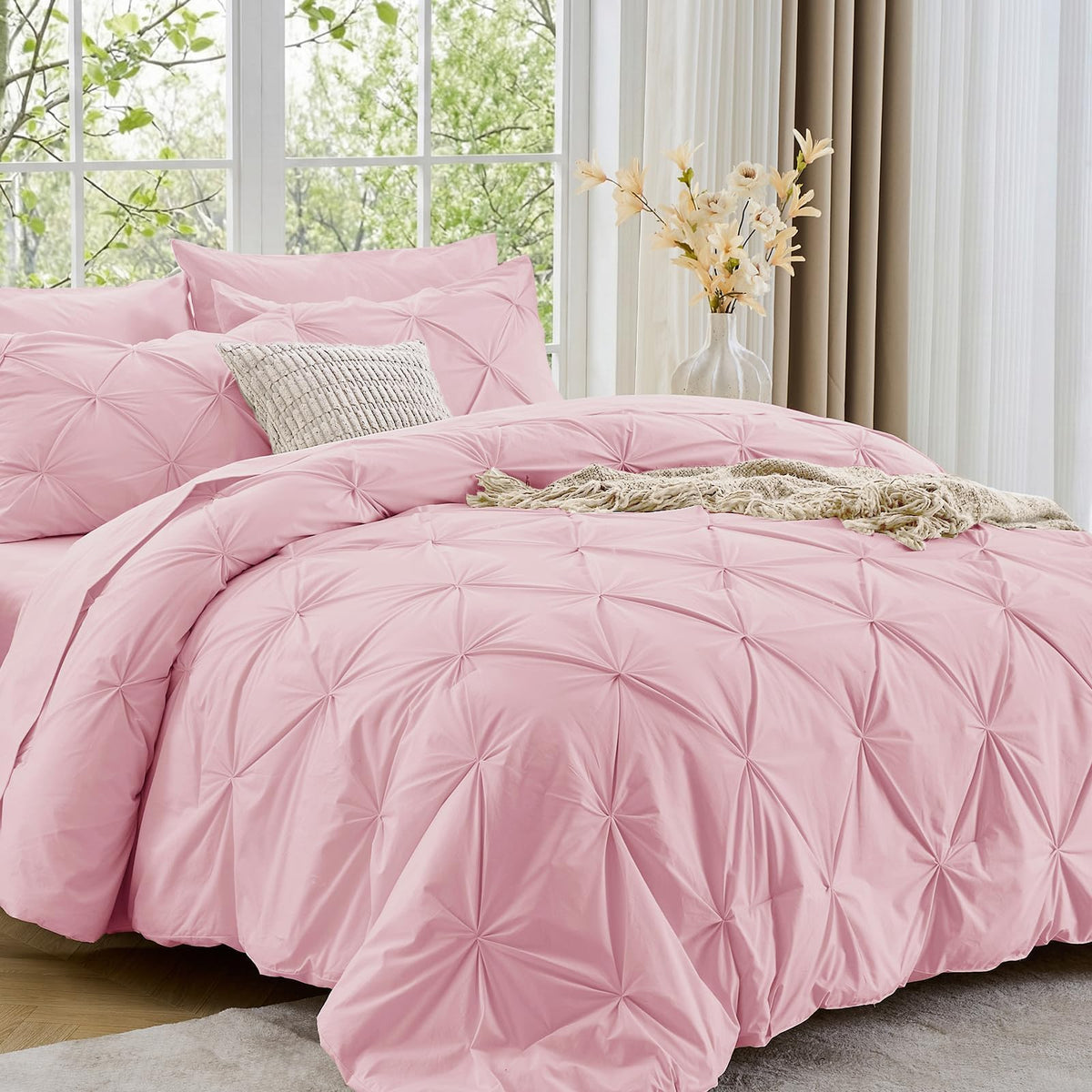 Sasttie queen comforter pintuck texture in baby pink adds cozy luxury