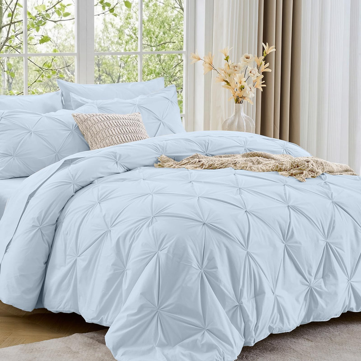Sasttie Queen Comforter Set pintuck closeup showing elegant texture and easy styling