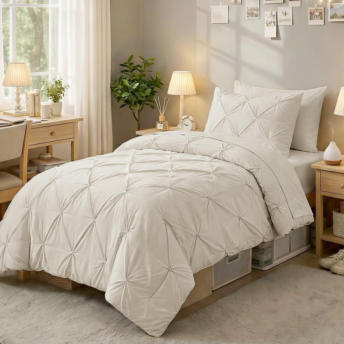 Sasttie Twin XL Comforter Set beige pintuck close-up showing textured fabric and soft microfiber