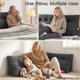 Sasttie wedge pillow on sofa serves as back support and cozy armrest.
