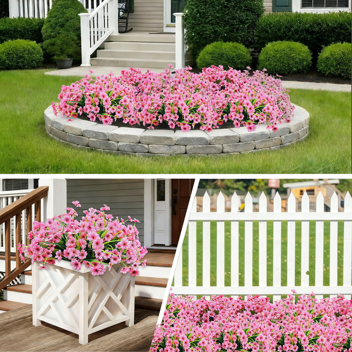 Satefello faux silk flowers shown in window box adds year-round charm
