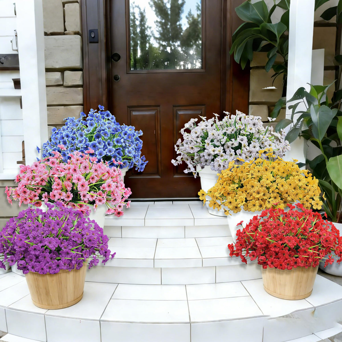 Satefello multi-color outdoor faux bouquet offers vibrant, sun-safe styling