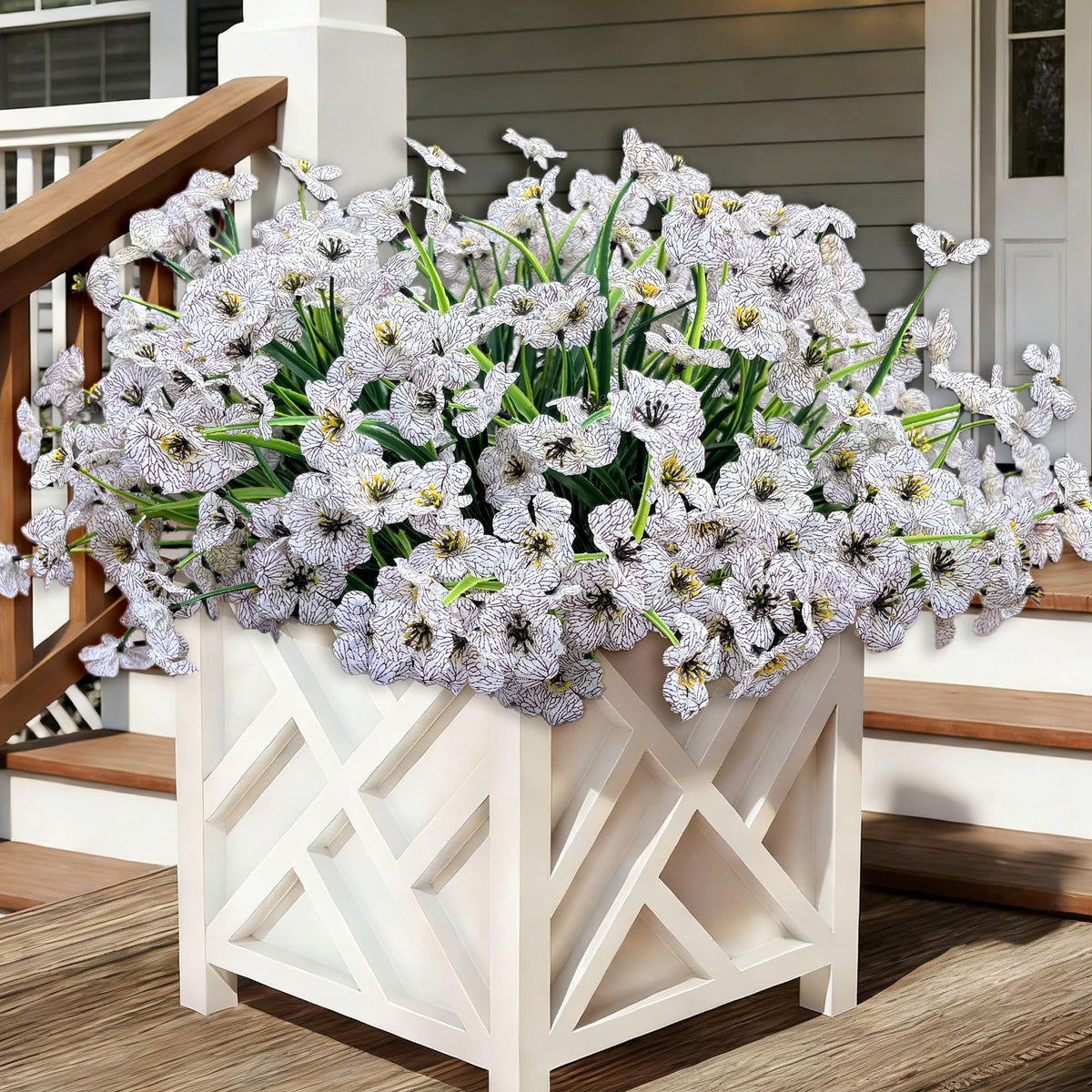 Satefello outdoor artificial white flowers close-up show UV resistance for lasting color