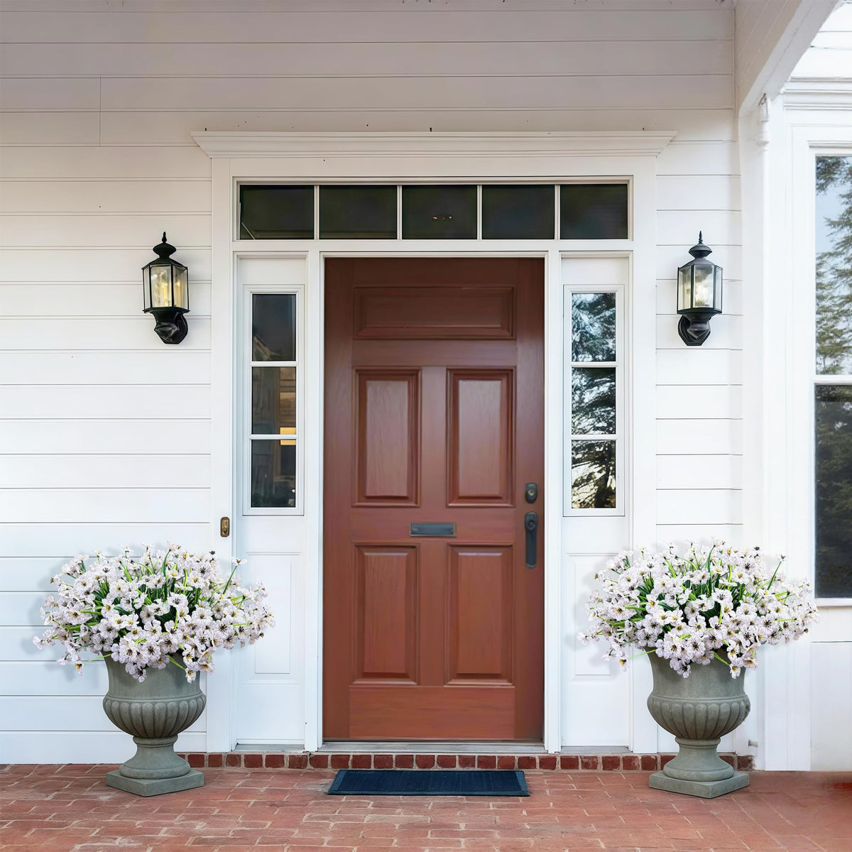 Satefello white window box display, UV-resistant faux flowers for year-round curb appeal