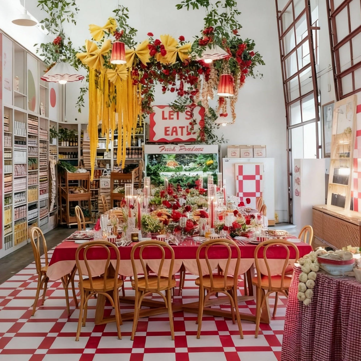 SATINIOR pasta-shaped backdrop creates an inviting Italian ambiance for photos.