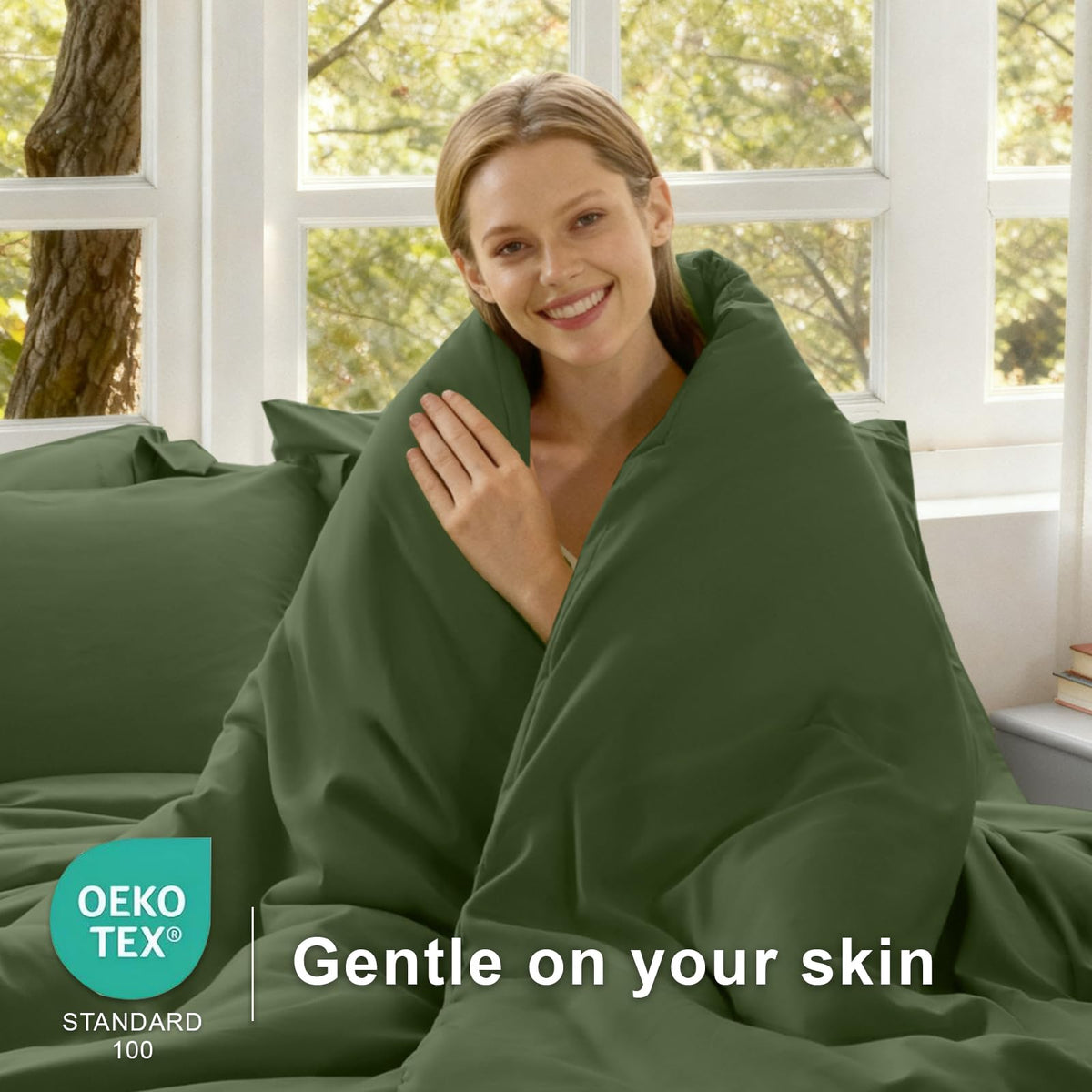 Satisomnia Green Queen comforter all-season warmth with breathable microfiber for comfort.