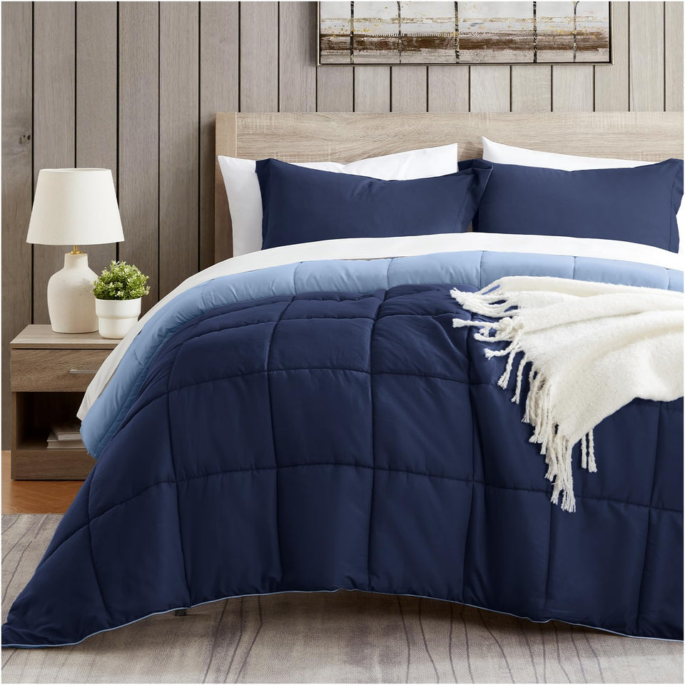 Satisomnia Queen Comforter Navy Blue on bed for year-round softness
