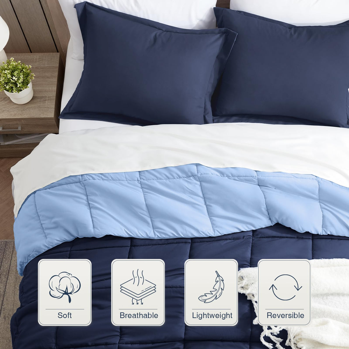 Satisomnia Queen Comforter Reversible Light Blue side adds versatile style