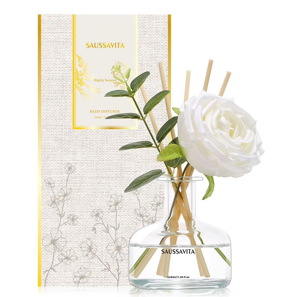 Saussavita Reed Diffuser Set with glass bottle and rose accent for elegant ambience.