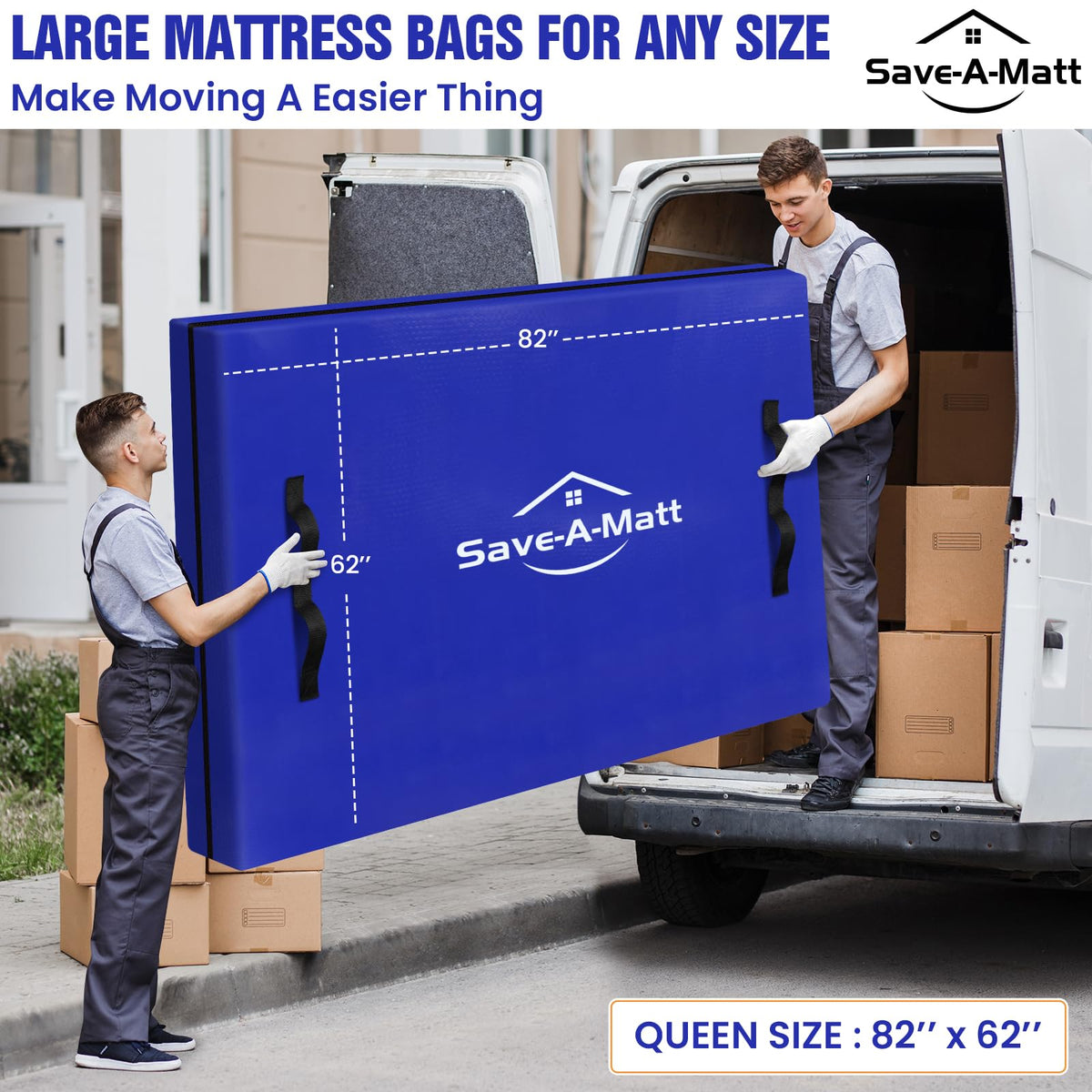 SaveAMatt queen-size bag fits 82x62x15 inches for larger mattresses.