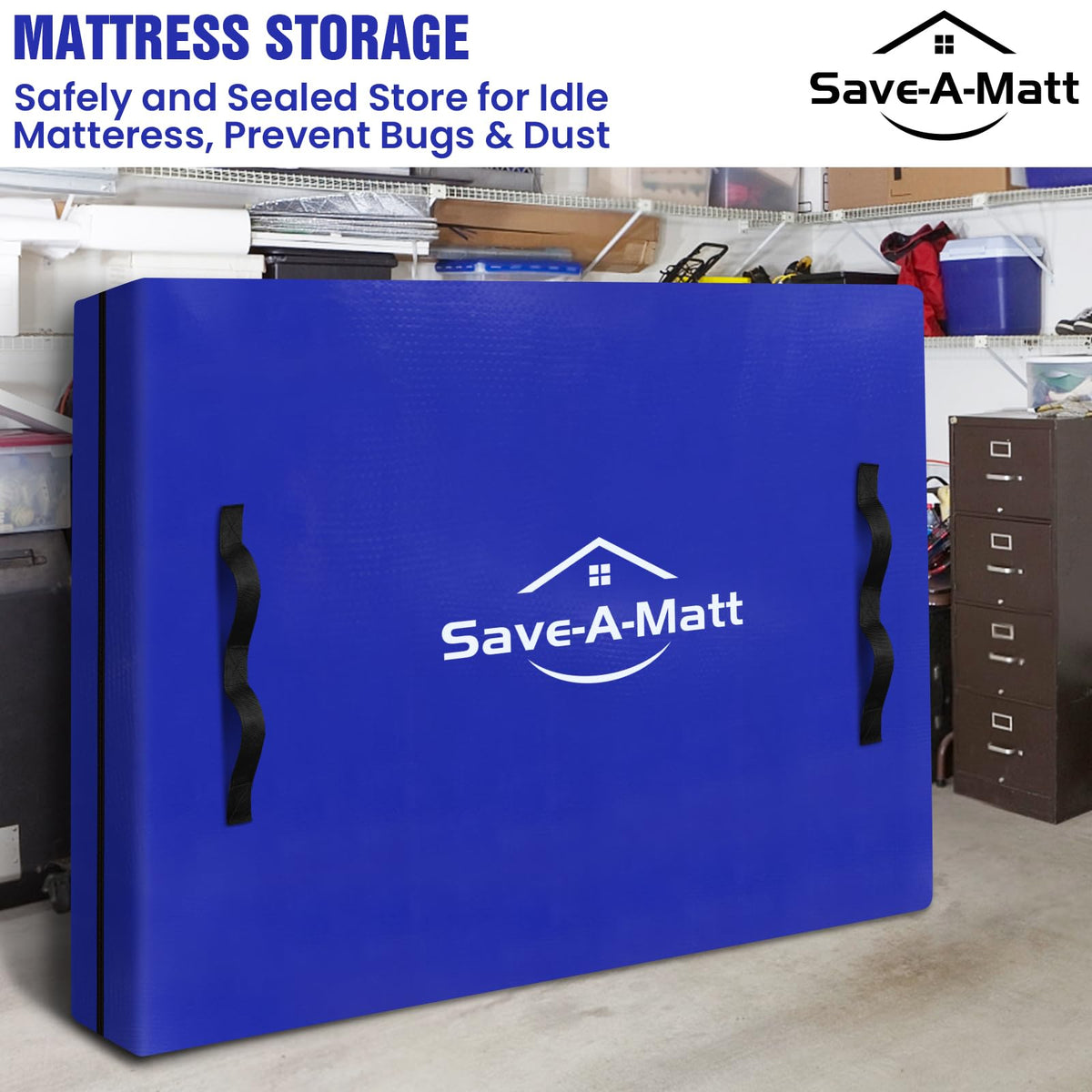 SaveAMatt storage-friendly bag used to keep a mattress clean in storage.