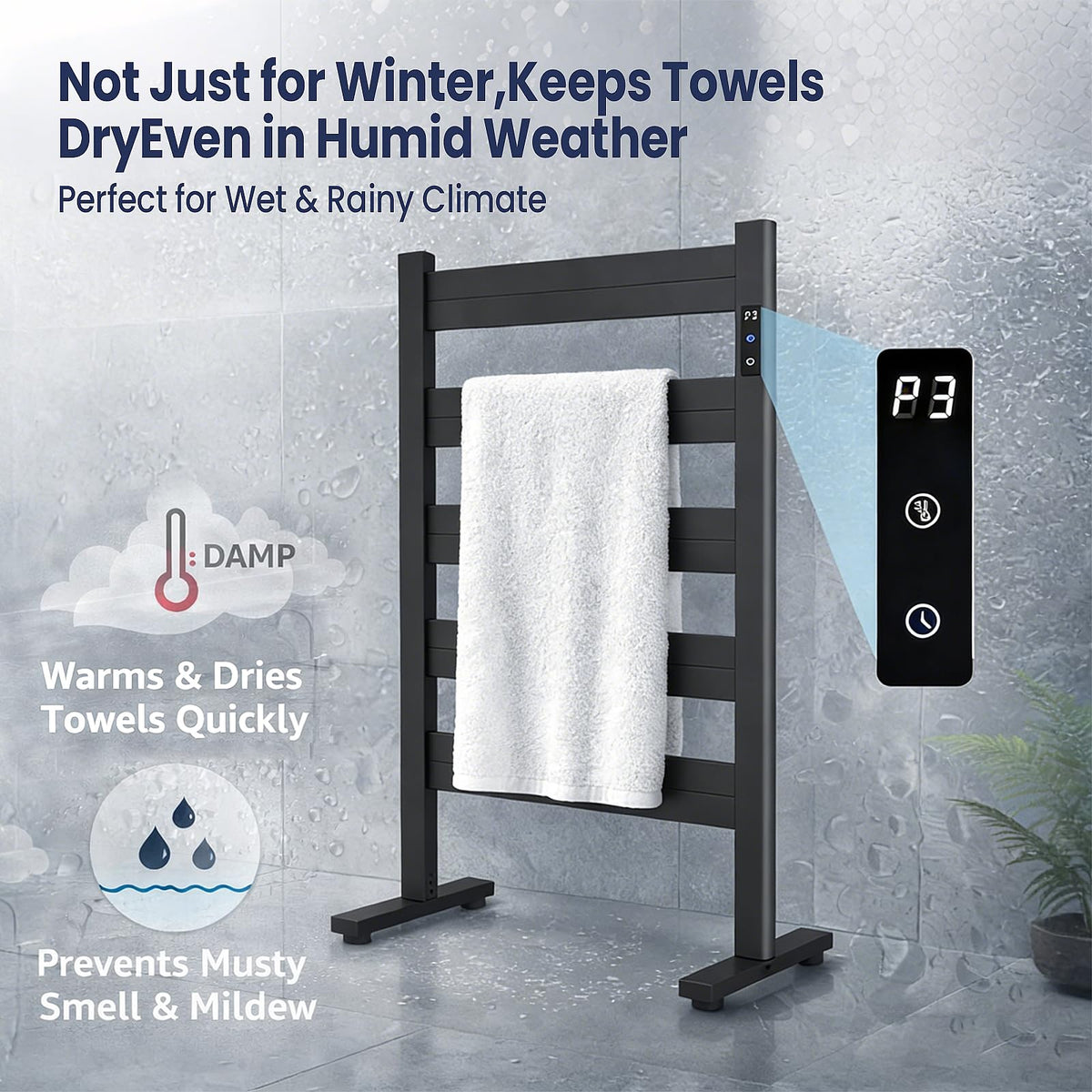 Sawlece matte black finish towel warmer complements modern bathroom decor