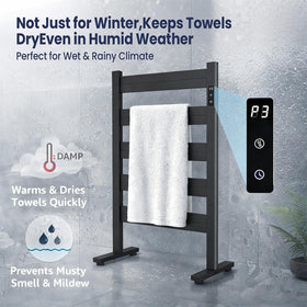 Sawlece matte black finish towel warmer complements modern bathroom decor