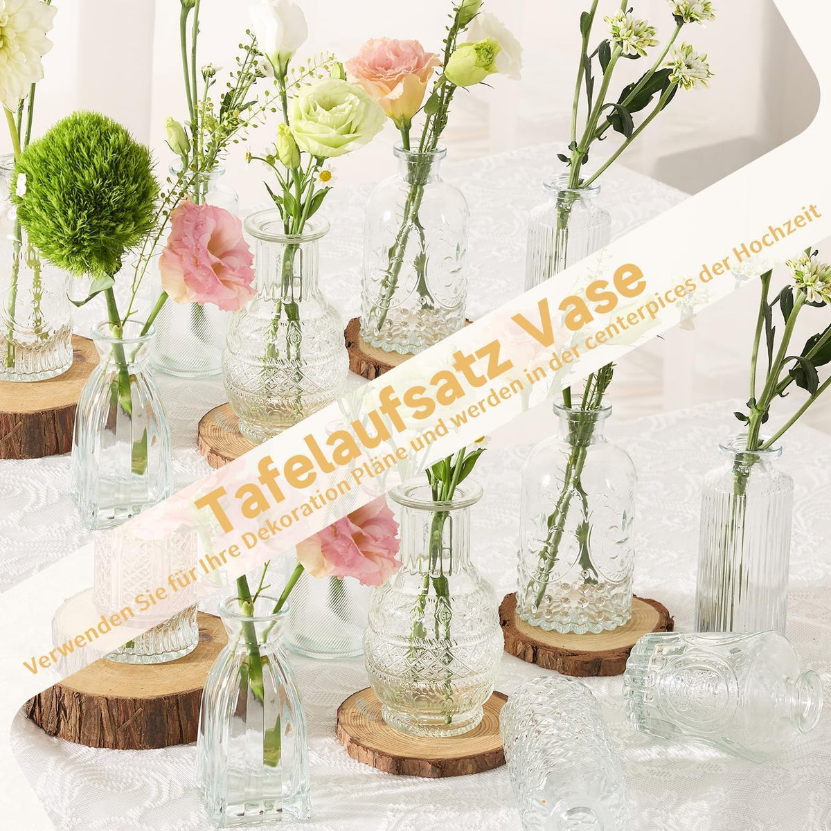 Sawoake etched-pattern bud vases catch light for a sparkly touch.