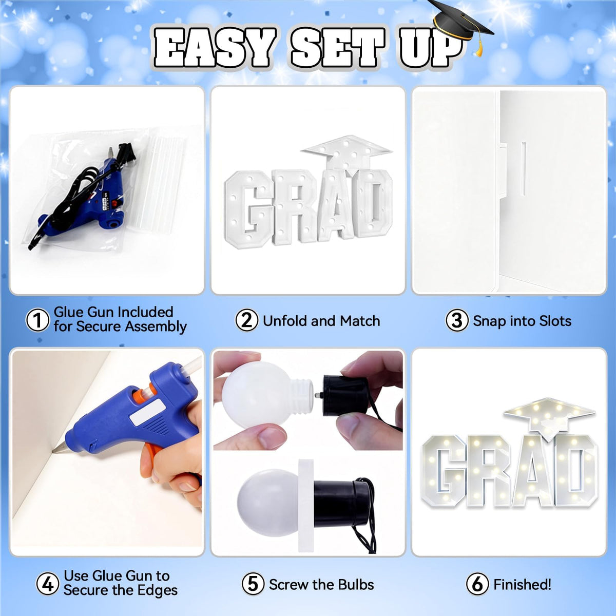 Saxuxu graduation photo backdrop with illuminated letters for instant impact.