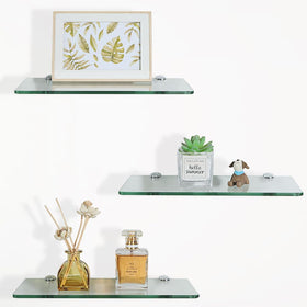 Sayayo glass floating shelf on wall with 11-inch width neatly displaying bathroom essentials