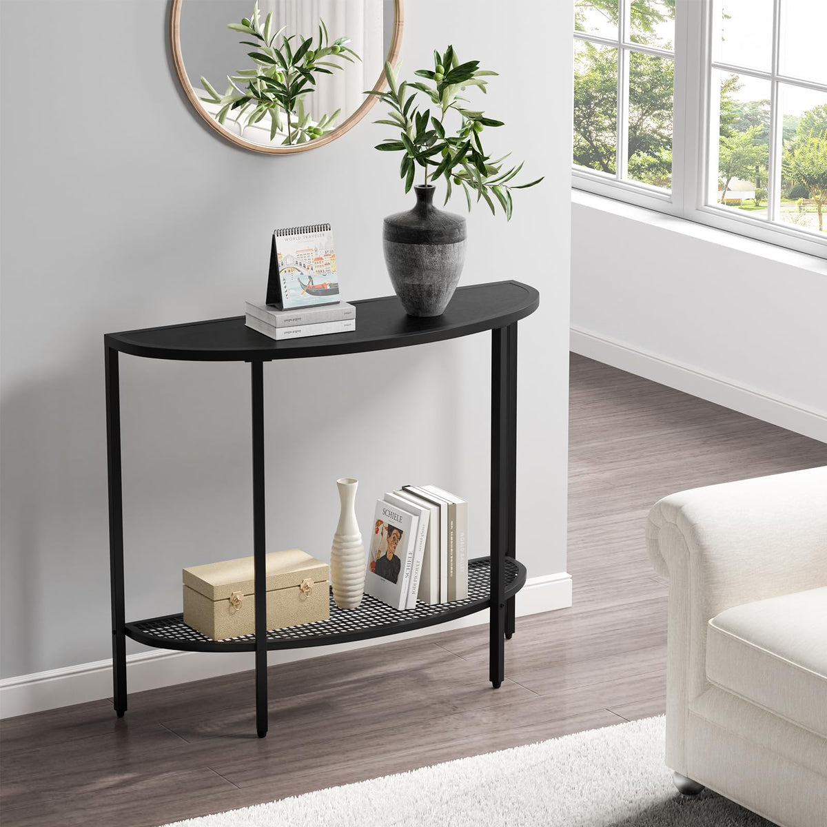 SAYGOER half-moon console top close-up with black wood surface