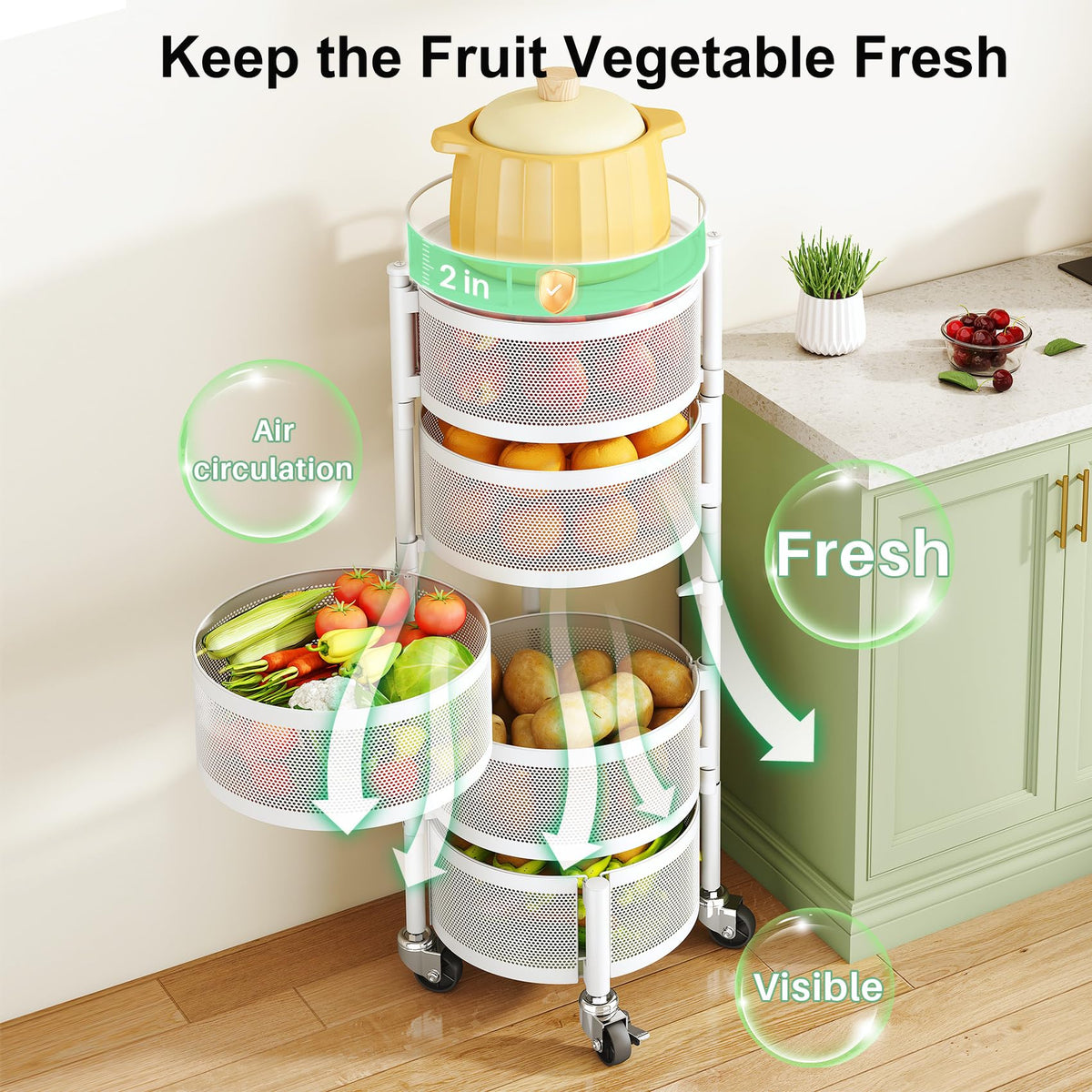 SAYZH 5-tier rolling cart maximizes kitchen storage space.