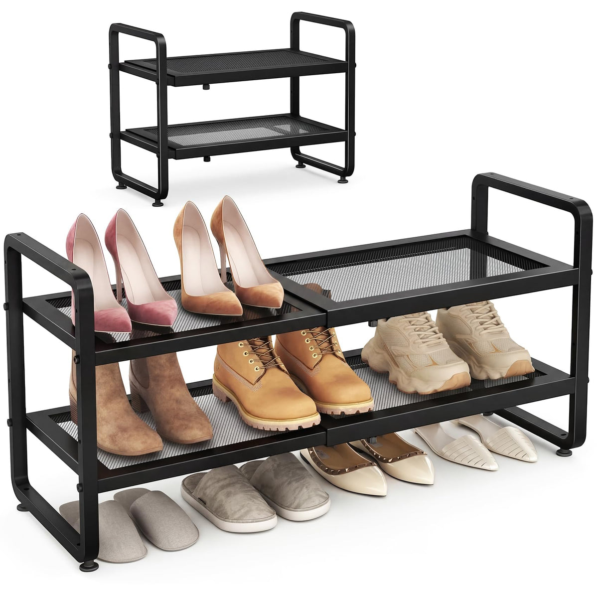 SAYZH Expandable Shoe Rack fully extended shows space for multiple pairs in a closet