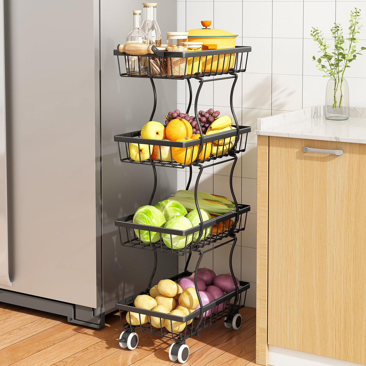 SAYZH 4-tier stackable fruit basket on the counter for organized produce.