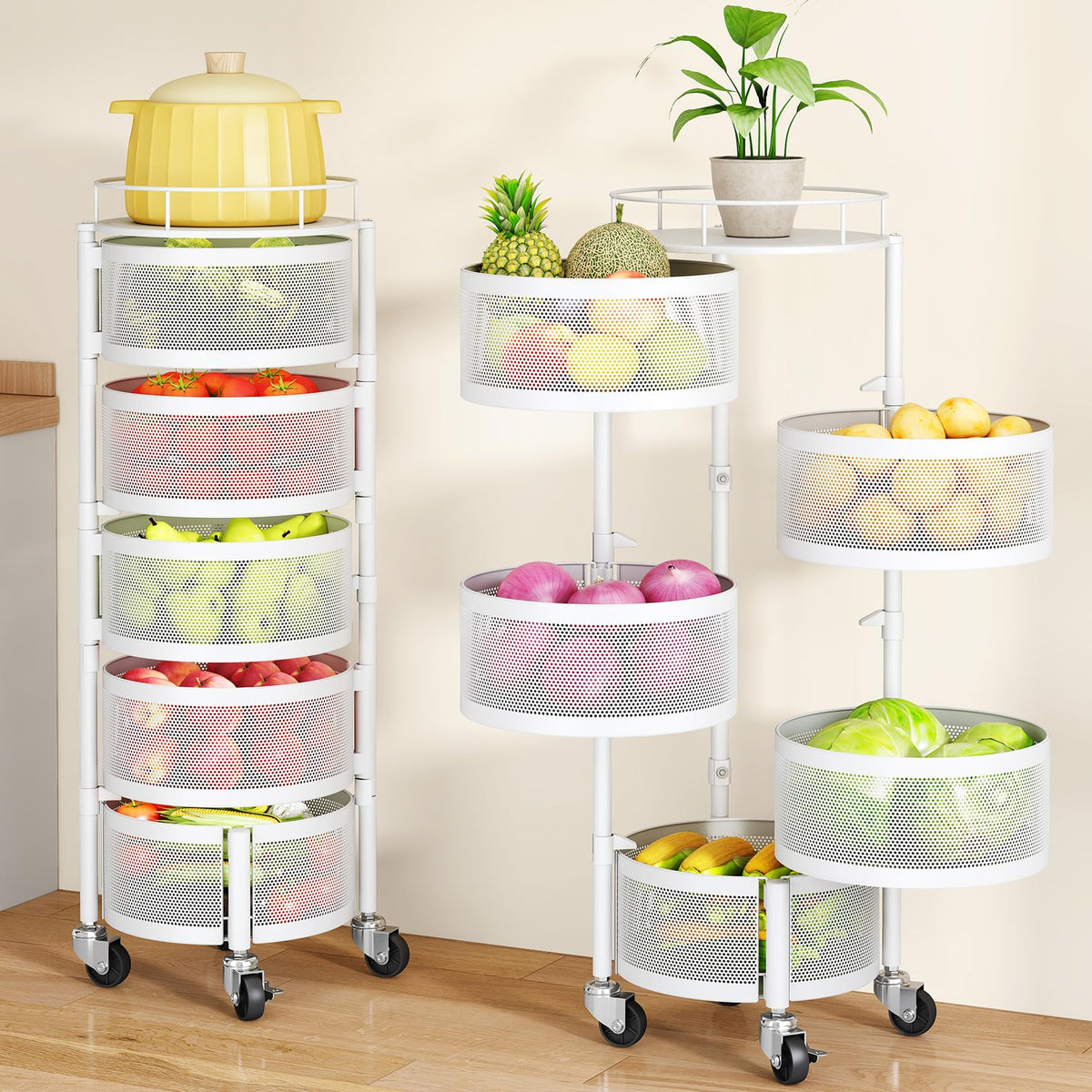 SAYZH rotating fruit basket with 360° access to produce.