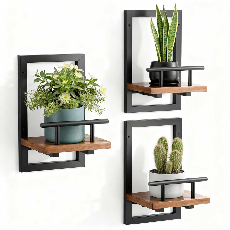 Sbosbo floating shelves wall plant holder front view showing sturdy frame and guard rail for plants