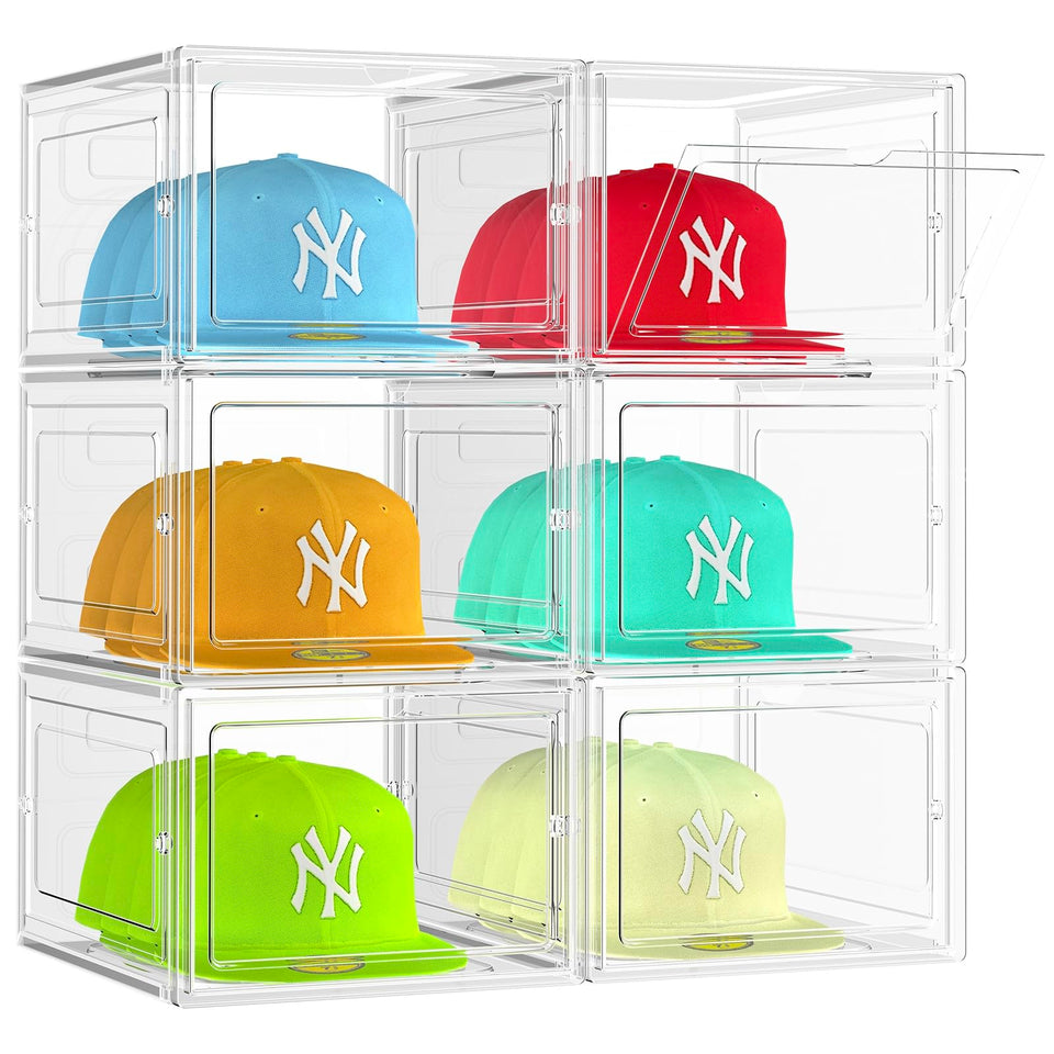 SCAVATA 6-pack hat organizer box stackable clear front for easy hat viewing.