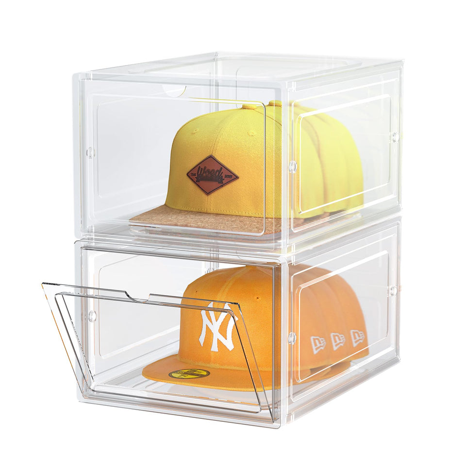 SCAVATA hat box with a stackable front door for organized display and dust-free storage.