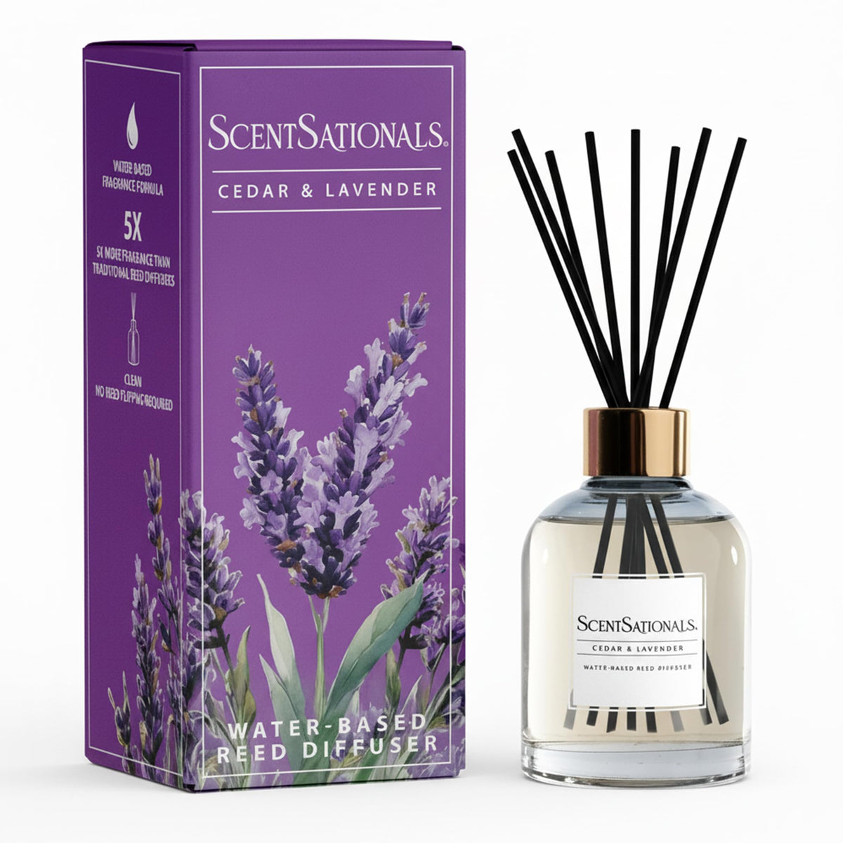 ScentSationals Cedar & Lavender diffuser bottle releasing a calm, lasting scent.