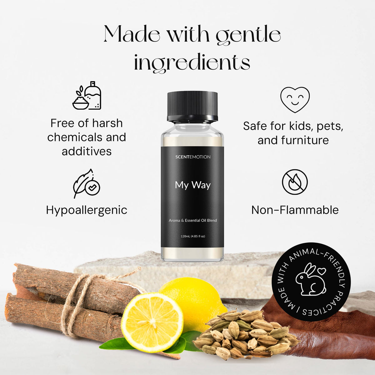 SCENTEMOTION My Way diffuser oil heart notes of sandalwood, cedarwood, cinnamon create a warm, comforting atmosphere.