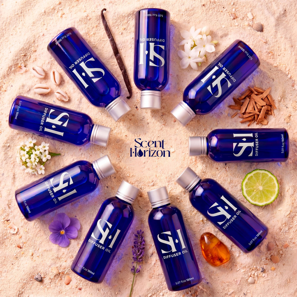 SCENTHORIZON Baccarat packaging highlights premium diffuser oil refill options.