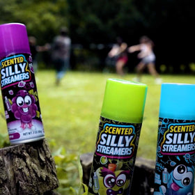 Scentos Scented Silly Streamers purple cans brighten color accents at celebrations