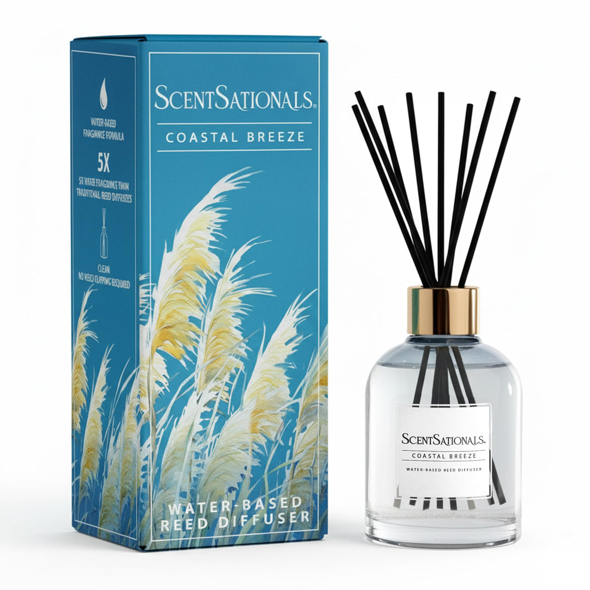 Scentsationals Coastal Breeze bottle in blue glass boosts room ambience.