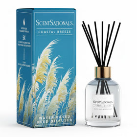 Scentsationals Coastal Breeze bottle in blue glass boosts room ambience.
