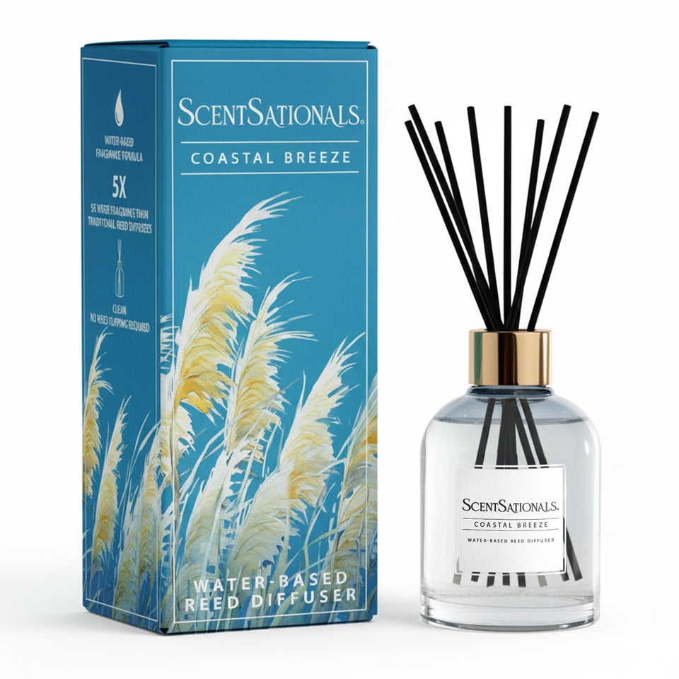 Scentsationals Coastal Breeze bottle in blue glass boosts room ambience.
