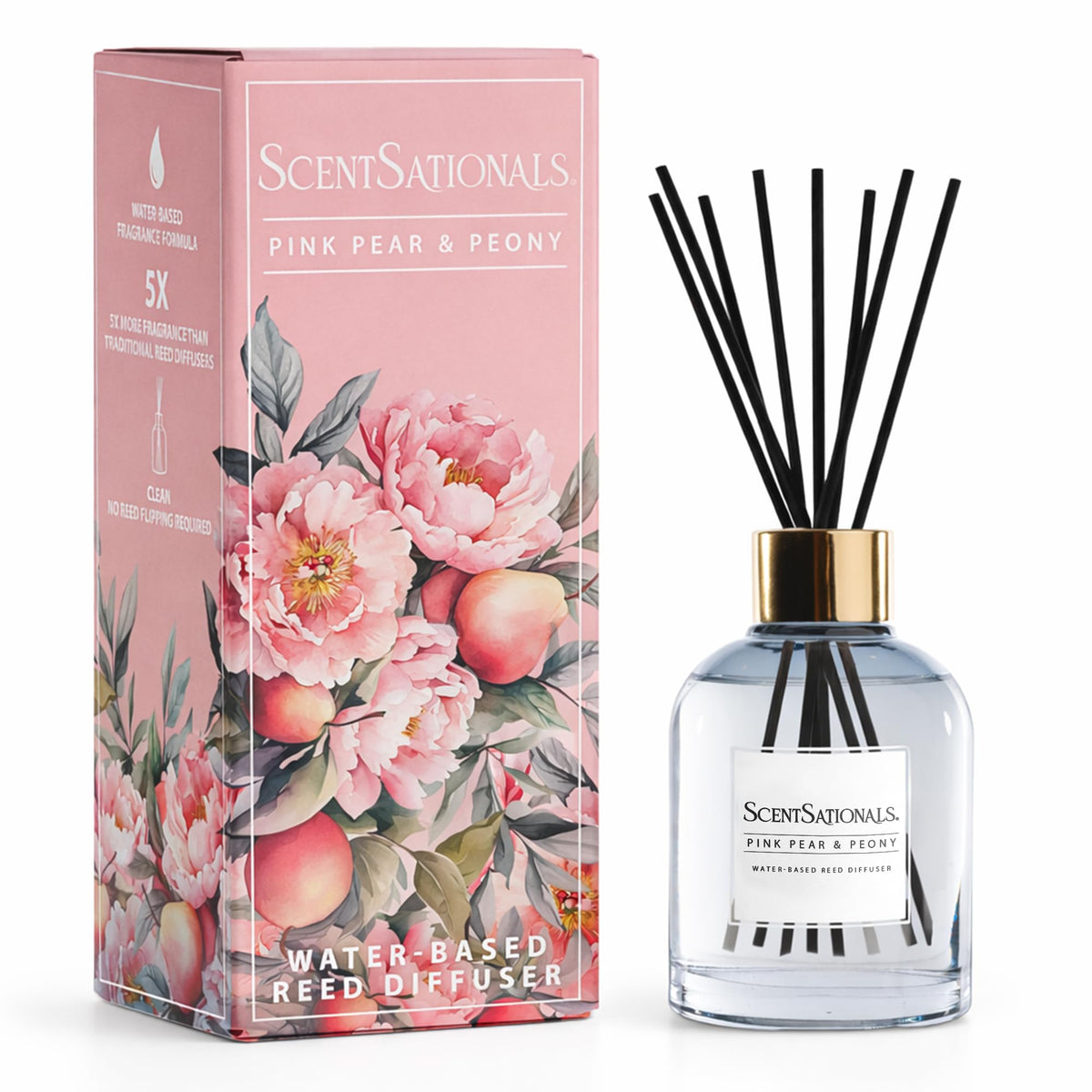 Scentsationals water-based diffuser bottle releases pink pear peony aroma for living spaces.