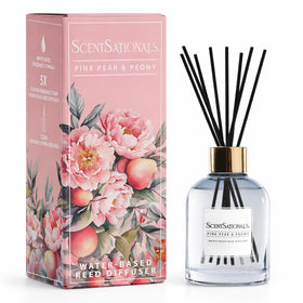Scentsationals water-based diffuser bottle releases pink pear peony aroma for living spaces.