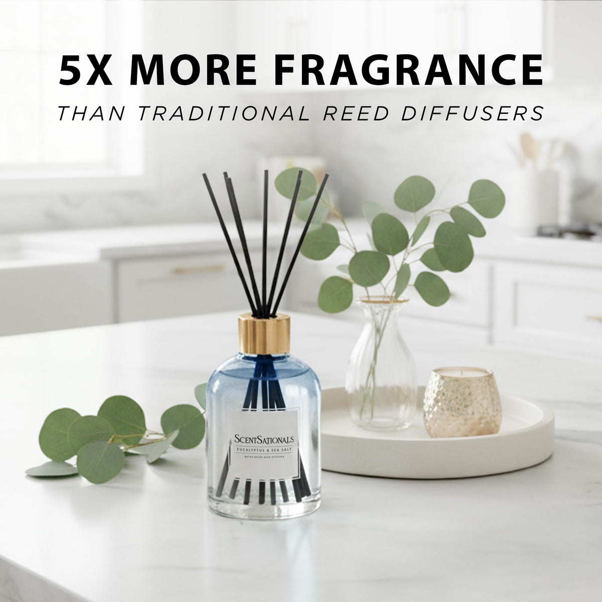 Eucalyptus-sea salt diffuser bottle with gold cap enhances modern decor